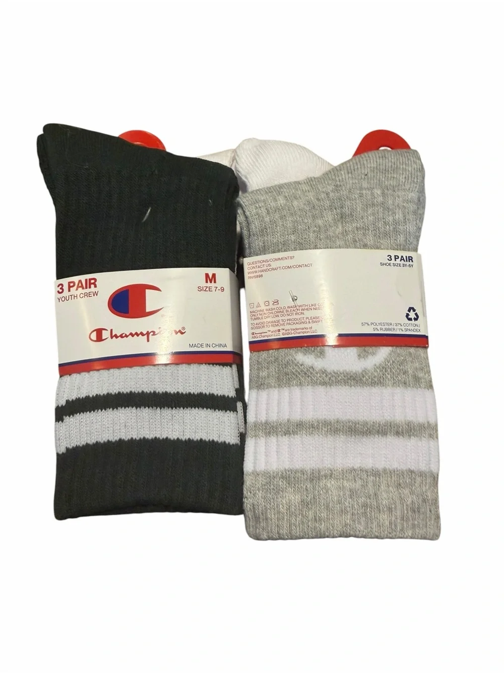 Champion Youth Crew Socks 3-Pack in Green,White and Gray. (X2)